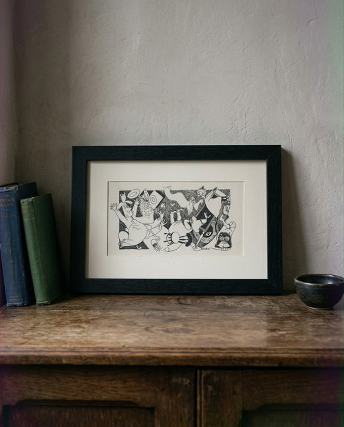 Vintage ilustrace Veselý chaos u Mumínků v rámu