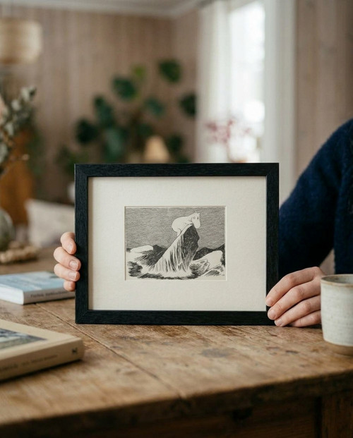 Vintage ilustrace Mumínek na skalním útesu v rámu