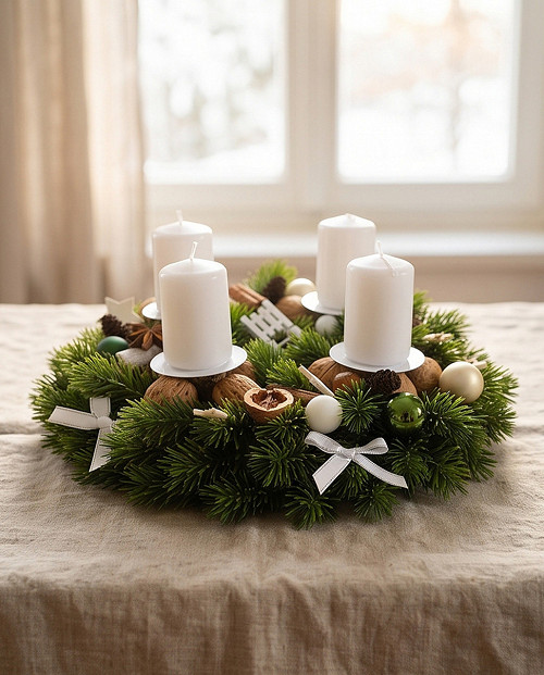 Adventní věnec s přírodními dekoracemi bílý