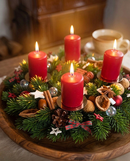 Tradiční adventní věnec s přírodními dekoracemi