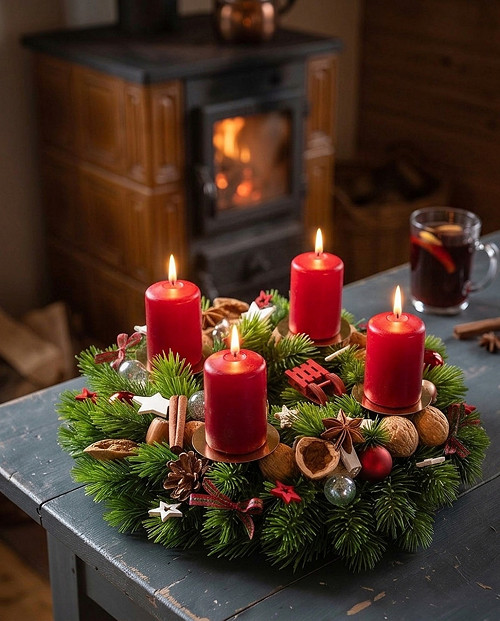 Adventní věnec červený s přírodními dekoracemi