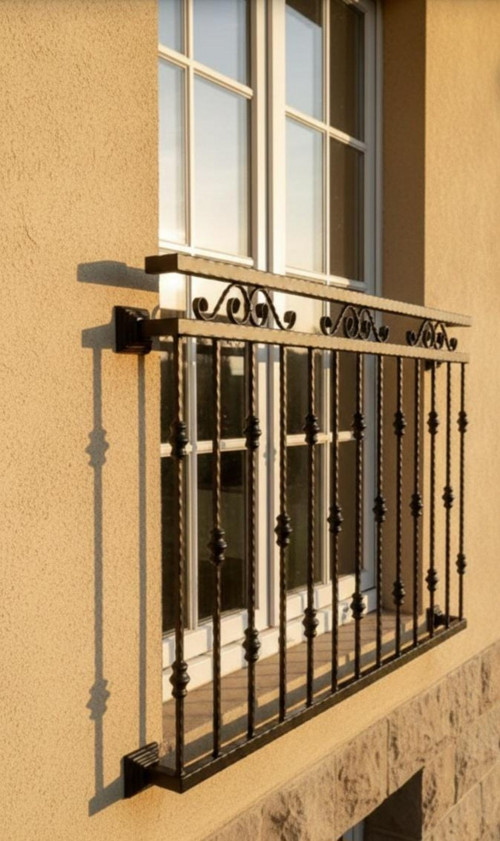 Kované zábradlí na francouzské okno, točené tyče