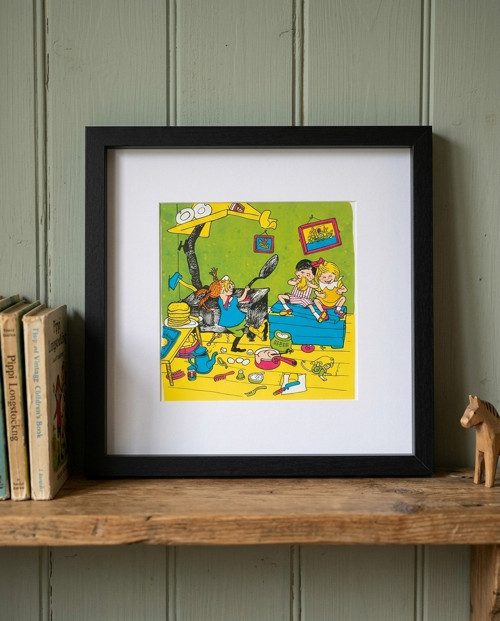 Velká rámovaná vintage ilustrace Pipi v kuchyni