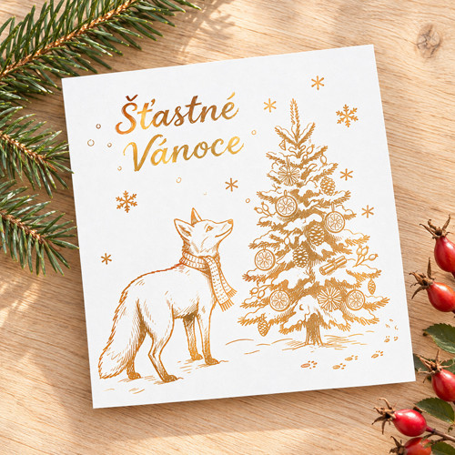 Zlacené Vánoční přání Šťastné Vánoce - Liška