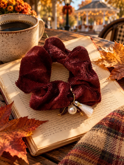 Podzimní kavárna - sametová scrunchie