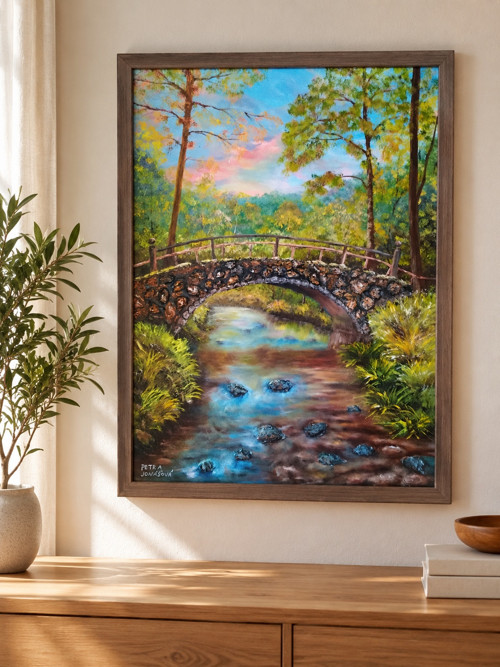 Kamenný most při západu slunce – olejomalba 50×70