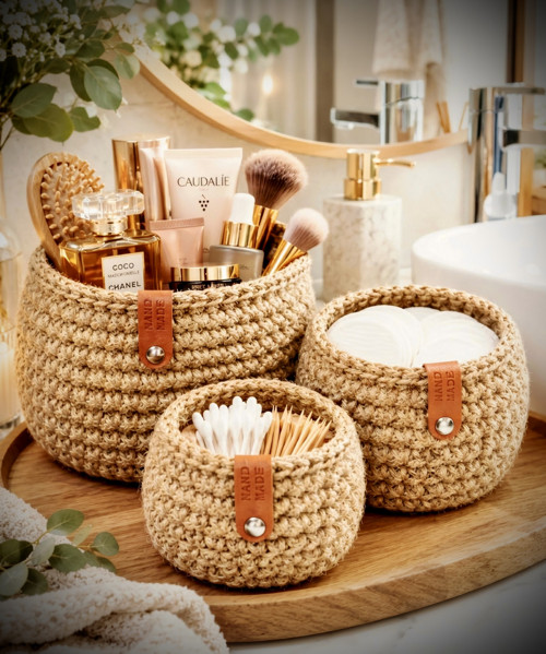 Sada 3 košíčků z přírodní juty -Boho organizéry