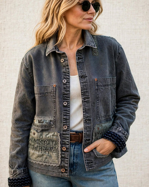 ÁNTRÉ- Denim bunda s krajkou /šedá trucker M/L