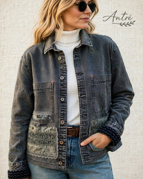 ÁNTRÉ- Denim bunda s krajkou /šedá trucker M/L