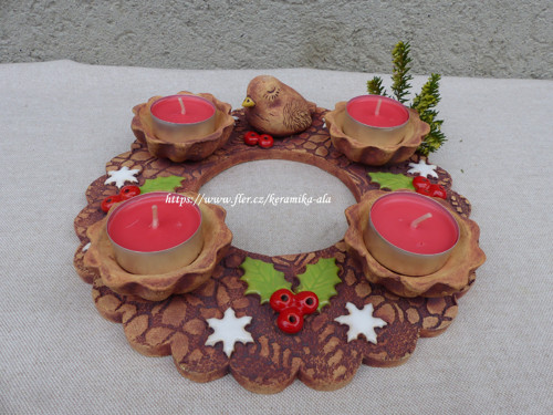 Keramický adventní věne/svícen s ptáčkem