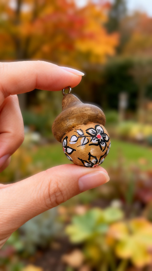 Dřevěný malovaný žalud jako přívěsek nebo dekorace