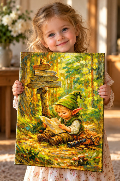 Malý elfík na cestách – autorský tisk, 30 × 40 cm