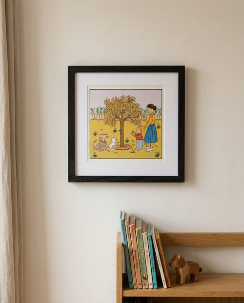 Vintage ilustrace o Jabloňce maminka a chlapec