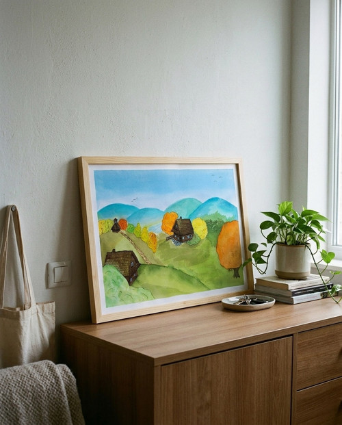 Originální akvarel - podzim na Valašsku