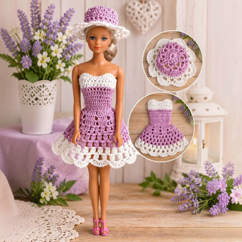 Háčkované šaty pro Barbie s kloboučkem
