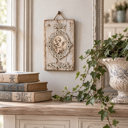 Andílek Shabby chic – obrázek na bukovém dřevě