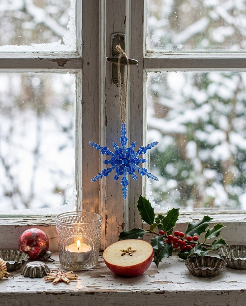 Vánoční ozdoba Vločka modrá prostorová 8 cm