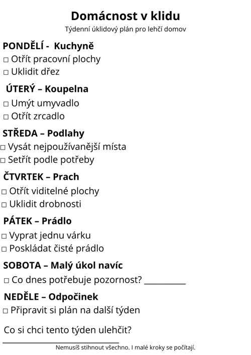 Domácnost v klidu – týdenní úklidový plán (PDF)