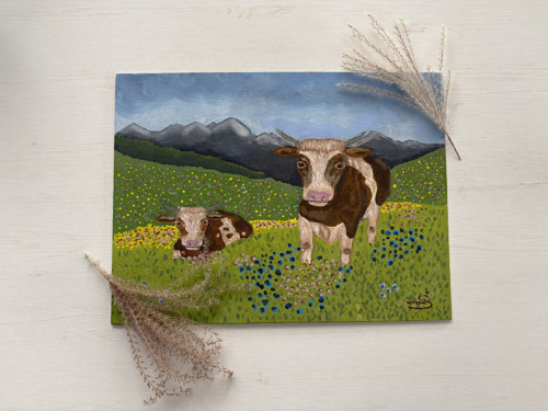 Kravičky na pastvě-kvaš na malířské desce, 30 x 40