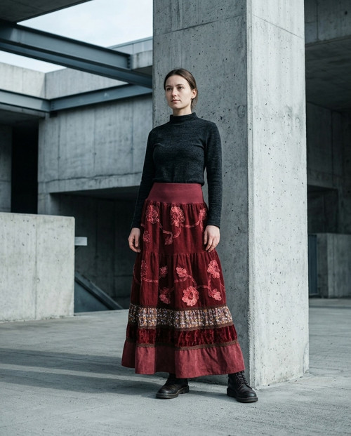 Volánová zdobená manšestr. sukně terakota S- XXL