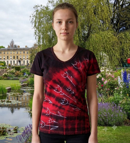 Dámské tričko - červená batika tulipány 2