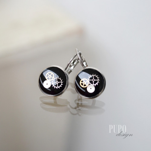 Černé visací náušnice,steampunk, 12mm, nerez