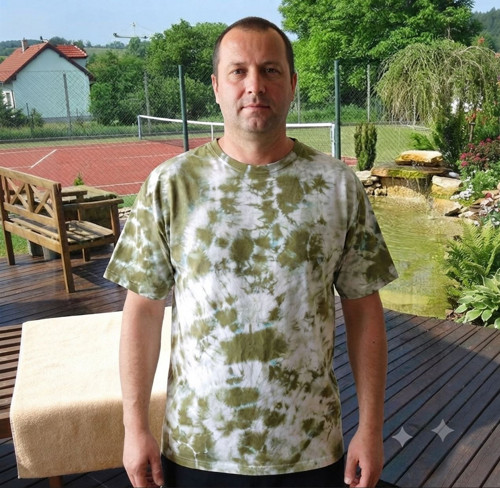 Pánské tričko batikované- khaky-bílá