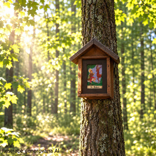 Hubert, světec, podmalba, obrázek na skle