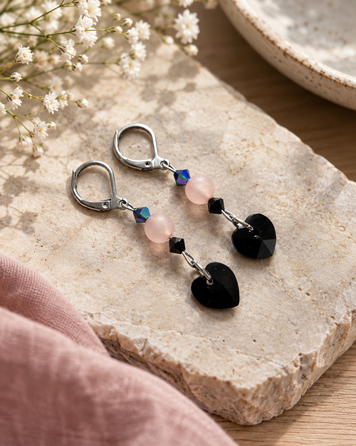 Náušnice - Swarovski srdíčka s růženínem — foto 1