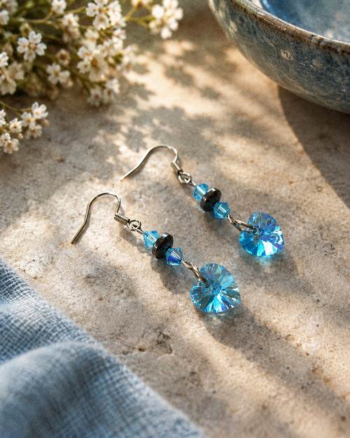 Náušnice - Swarovski srdíčka s hematitem