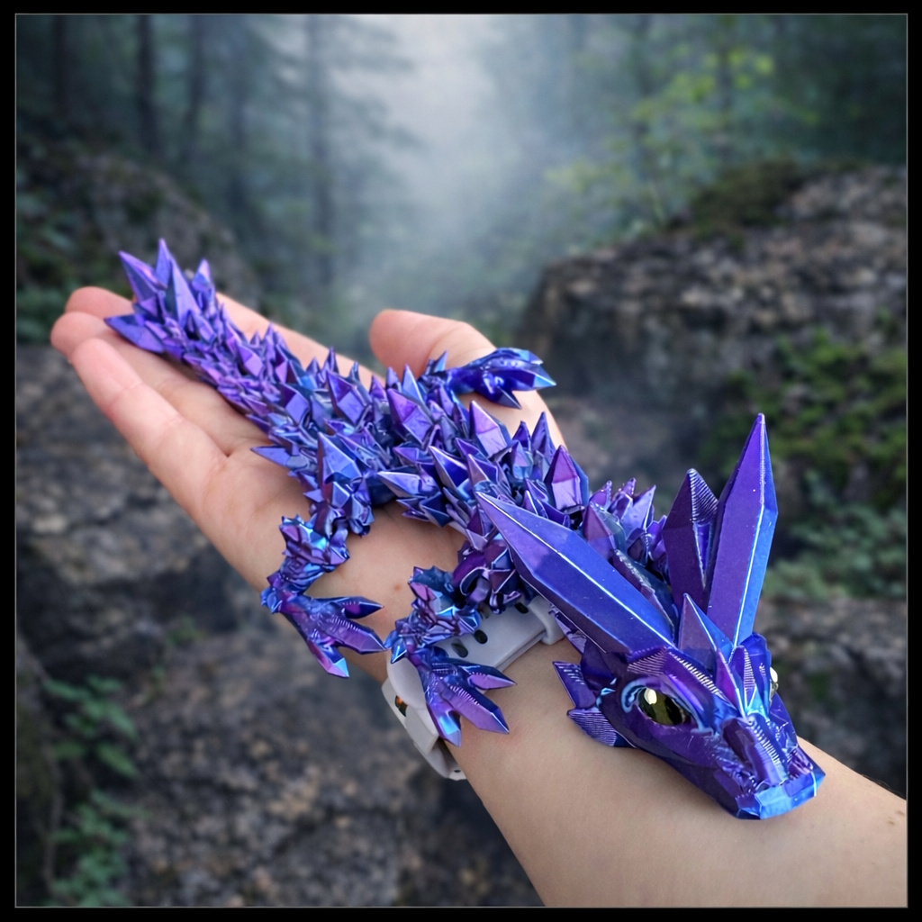 Pohyblivý krystalový drak (flexi) – 3D tisk, 23 cm