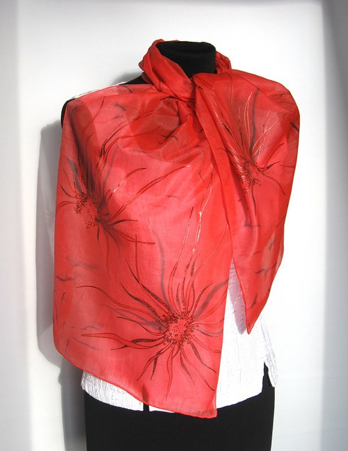 EVEMODE - hedvábný šál"Red flower" — foto 3