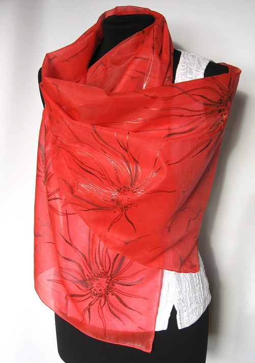EVEMODE - hedvábný šál"Red flower" — foto 4