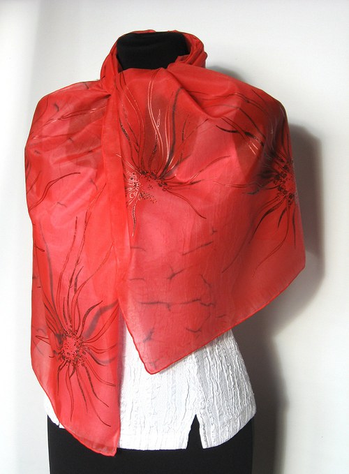 EVEMODE - hedvábný šál"Red flower" — foto 6