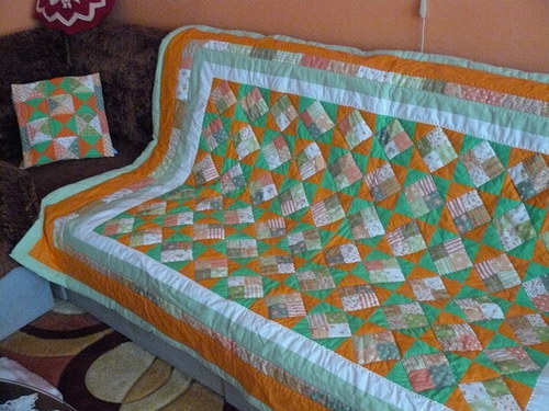 Patchvorkková deka zelená s oranžovou — foto 2