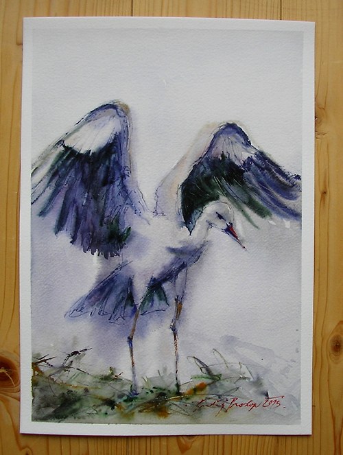 Čáp,originální akvarel A4 — foto 2
