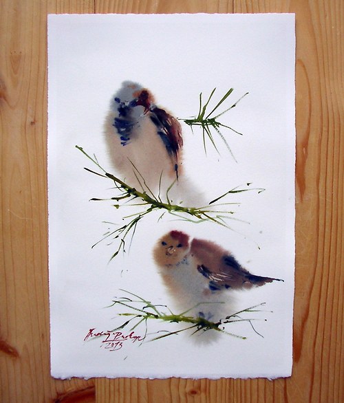 Vrabčáci,originální akvarel — foto 2