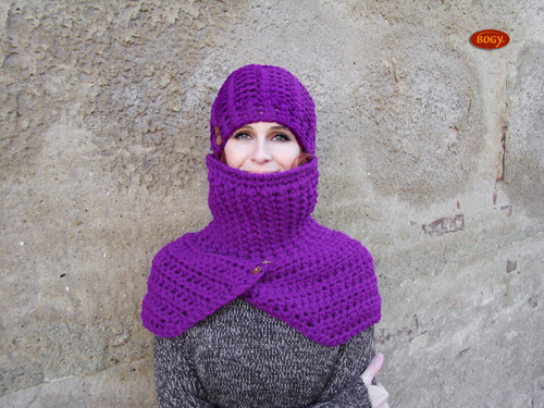 Fialová teplá zimní sada - čepice + nákrčník — foto 2