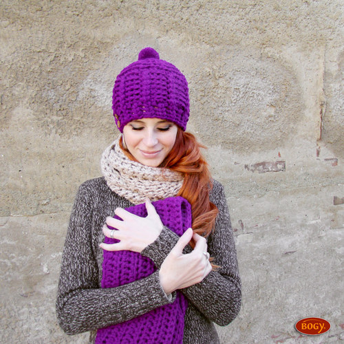 Fialová teplá zimní sada - čepice + nákrčník — foto 6
