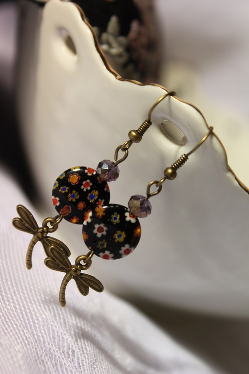 Millefiori s vážkami.. Náušnice — foto 3
