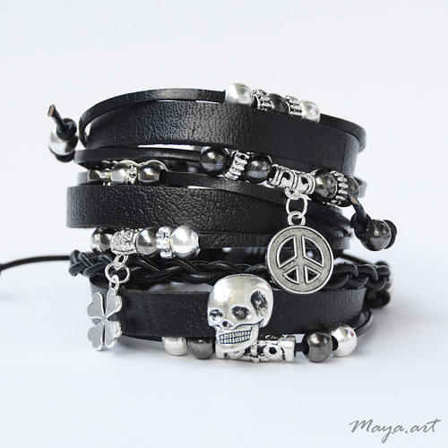 Černý náramek "LEATHER BRACELET" s lebkou — foto 3