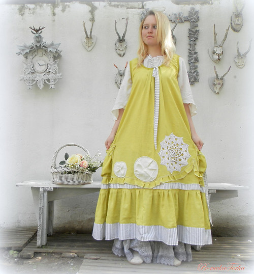 Lněné farmářské šaty zelenkavé — foto 6