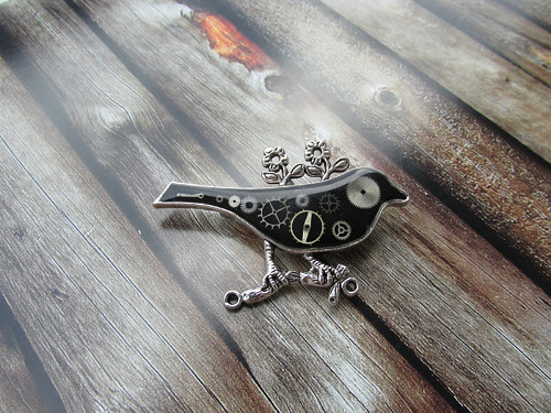 STEAMPUNKOVÝ PTÁČEK černý, brož — foto 5