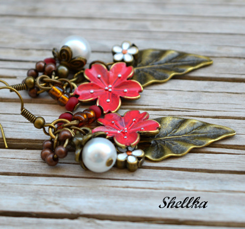 Náušnice,,DELICATE FLOWERS,, červená s bílou — foto 2