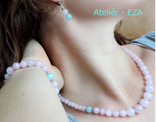 Růženín, amazonit a chirurgická ocel - náušnice — foto 3