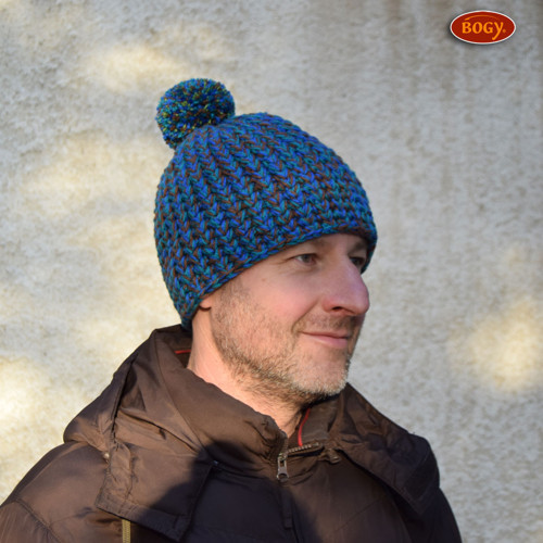 Teplý unisex kulich s bambulí - žíhaná modrá/hnědá — foto 2
