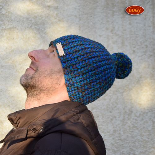 Teplý unisex kulich s bambulí - žíhaná modrá/hnědá — foto 3