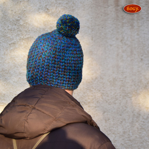 Teplý unisex kulich s bambulí - žíhaná modrá/hnědá — foto 5