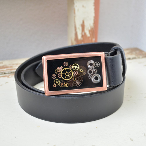 Černý pásek s měděnou sponou,černou,steampunk — foto 3