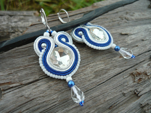 Soutache náušnice FOLKlórní modro-bílé — foto 2